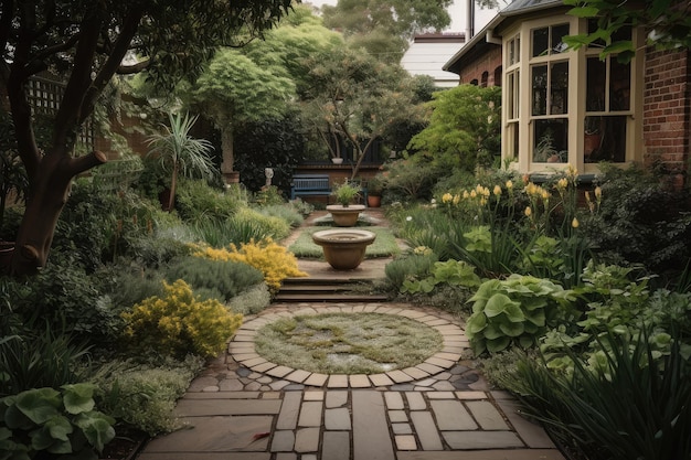 A garden with pathways and stepping stones leading to a fountain