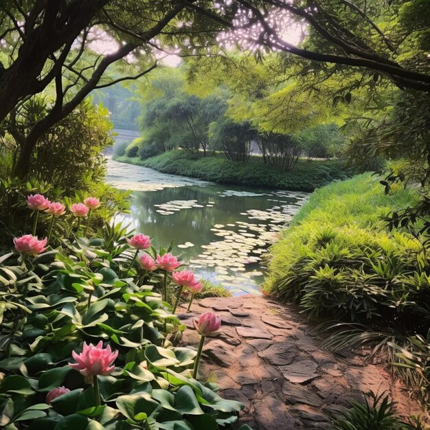 A garden with pink flowers and leaves on the ground