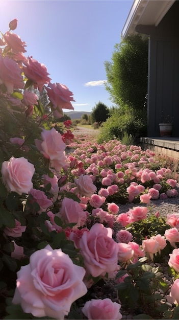 A garden with pink roses in the foreground and a house in the background.