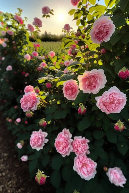 A garden with pink roses in the sun