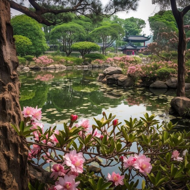 前景に池と花がある庭園