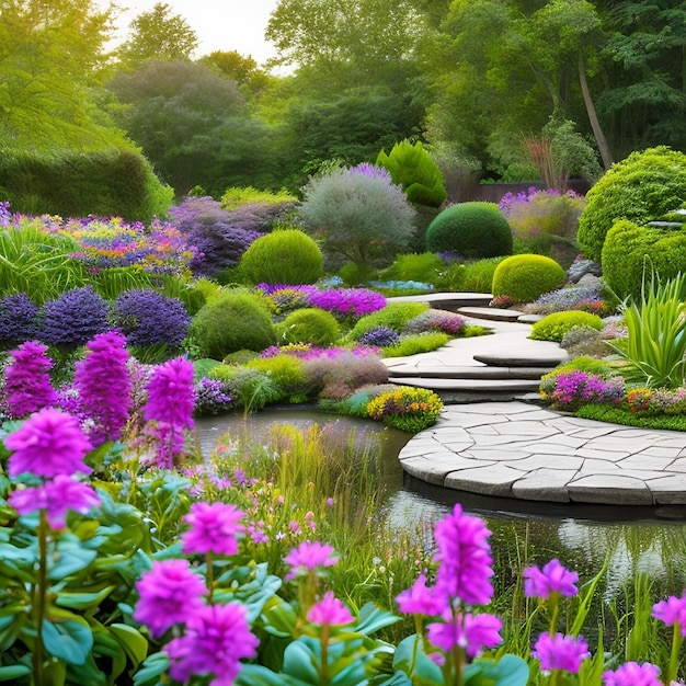 A garden with a pond and purple flowers