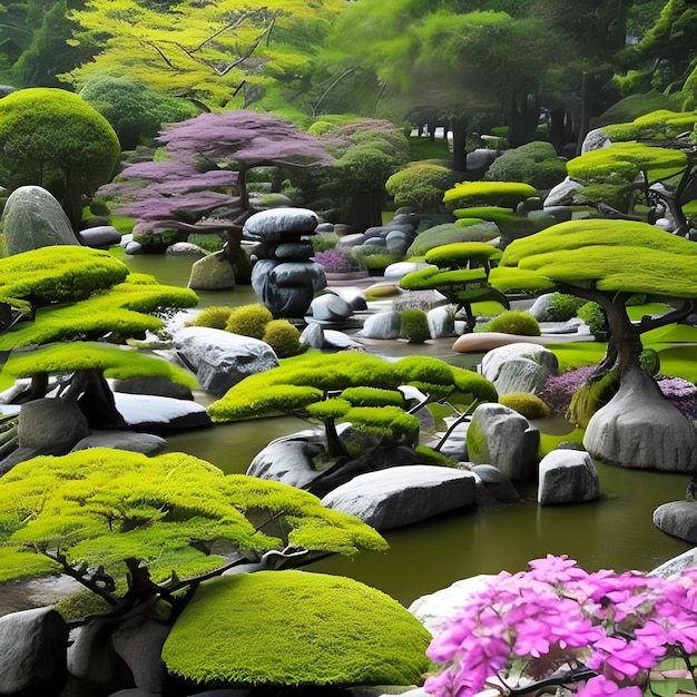 A garden with a pond and trees and a green landscape