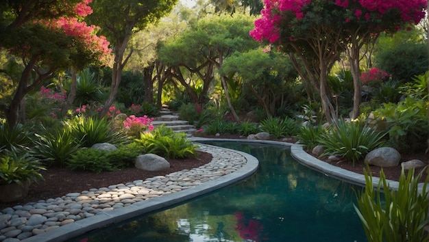 a garden with a pool and a pond with rocks and trees in the background