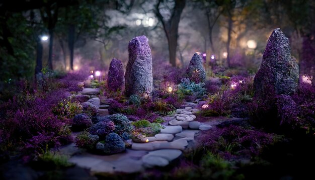 Garden with purple light that illuminates plants rocks path and\
clearing at night