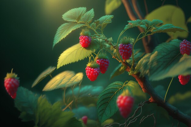 Garden with red raspberries Close up of a branch of ripe raspberries Close up of green foliage and red raspberries