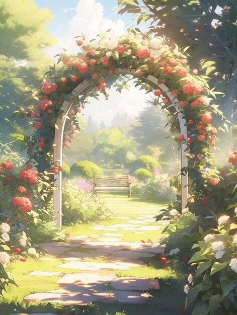 A garden with roses and a bench