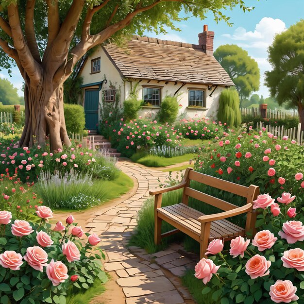 a garden with roses and a bench