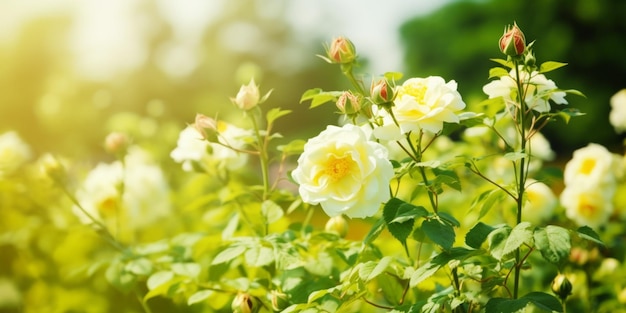 A garden with roses in the sunlight