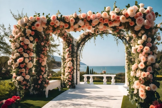 A garden with roses and a view of the ocean.