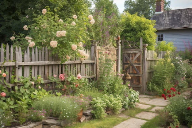 A garden with a rustic fence and trellises filled with blooming flowers