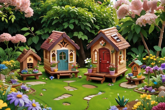 a garden with a small house and flowers