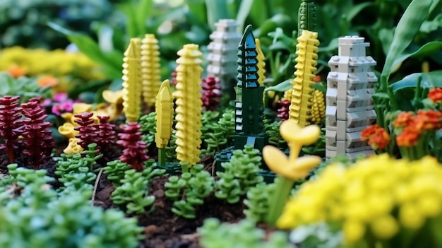 A garden with a small model of a small city with a small garden in the background.