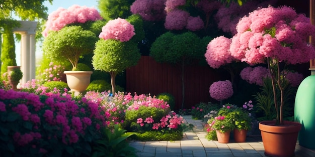 garden with small trees and flowers