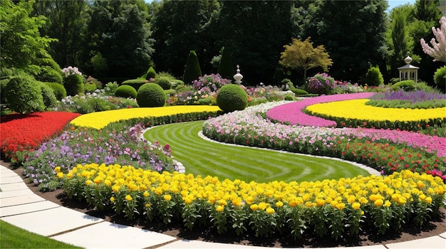 A garden with a spiral path and rows of flowers.