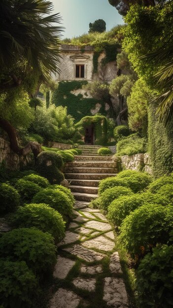 A garden with a staircase and a house in the background