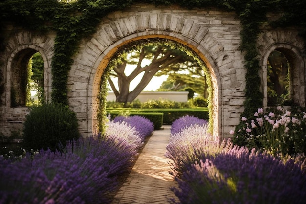 a garden with a stone arch and a stone arch.