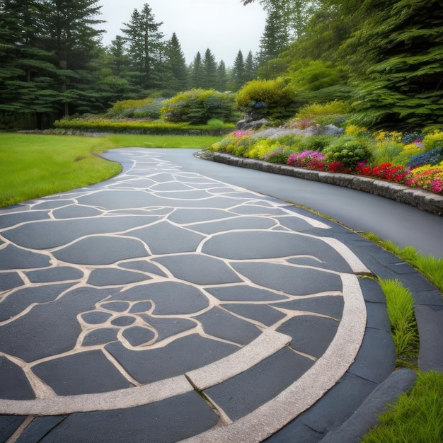 A garden with a stone path and a flower garden in the background.