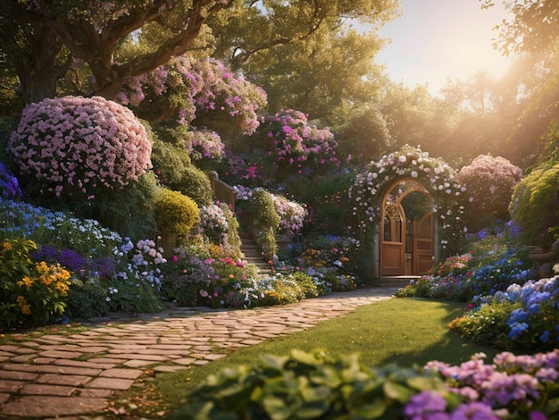 A garden with a stone path and flowers