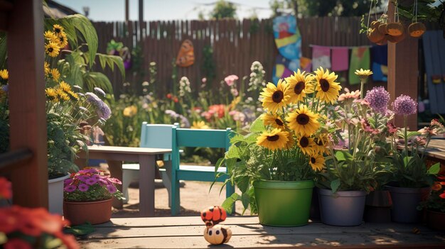 a garden with sunflowers and a toy mouse on the table