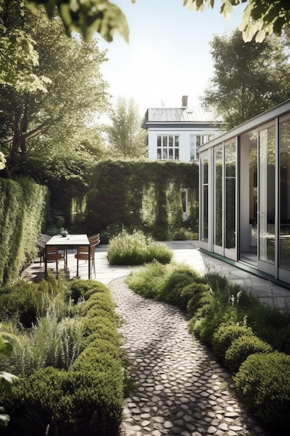 A garden with a table and chairs and plants.