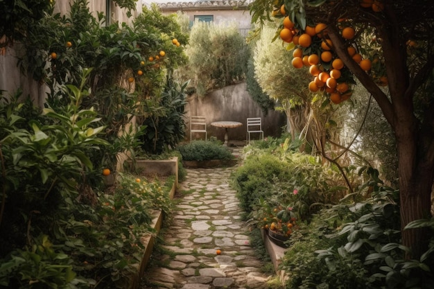 A garden with a table and orange trees Generative AI