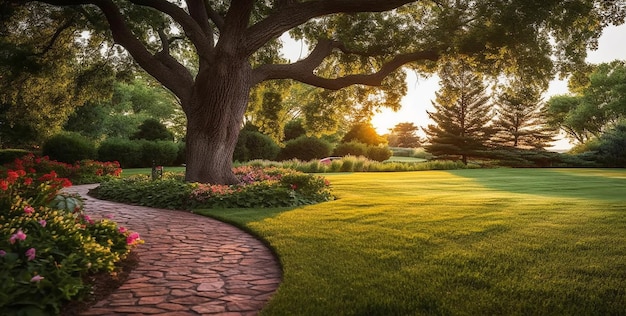 a garden with a tree and a walkway.