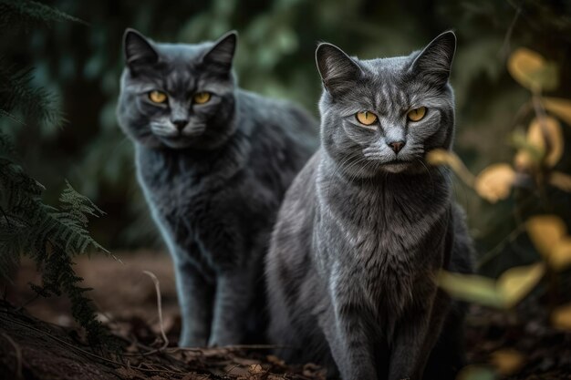 A garden with two gray cats