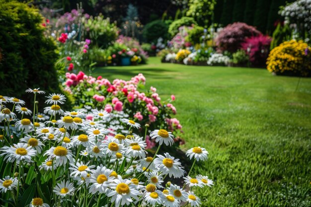 Photo a garden with a variety of flowers and grass