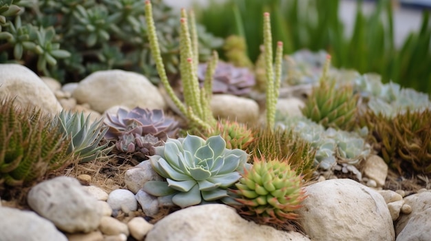 A garden with a variety of succulents and rocks.
