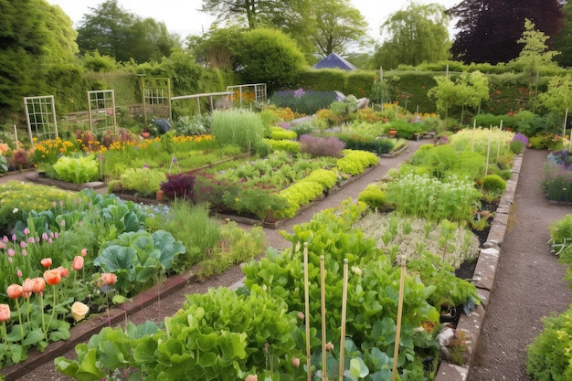 Garden with vegetable patch surrounded by blooming flowerbeds