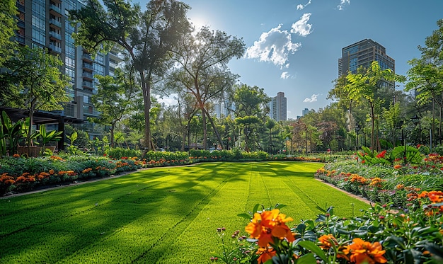 a garden with a view of the city