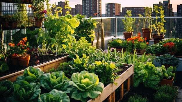 a garden with a view of a city