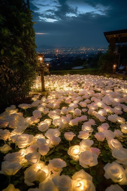 A garden with white roses and lights on it