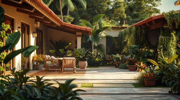 Photo garden with wooden chairs and plants in a tropical villa