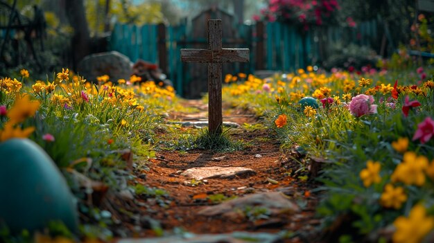 Photo garden with a wooden cross in a display of artistic expression