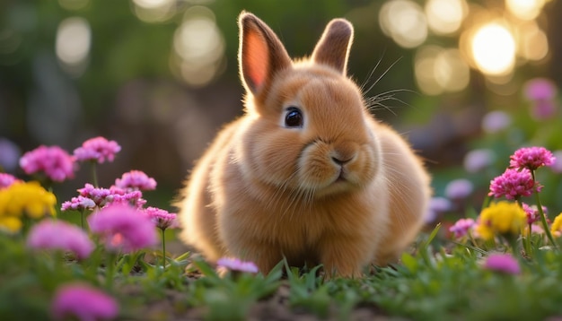 Garden Wonderland Adorable Bunny in Vibrant Blooms and Dappled Sunlight Bliss Generative by AI