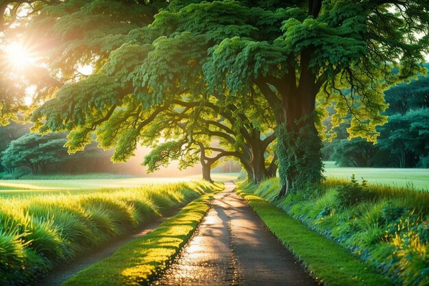 Garden in the woods lush green tree a straight road and running water The sun shining on the front