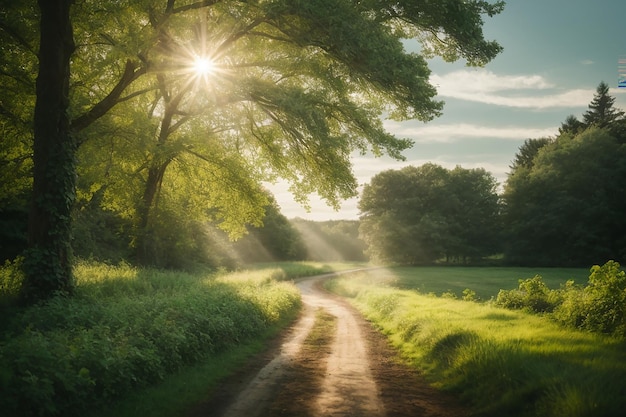 Garden in the woods lush green tree a straight road and running water The sun shining on the front