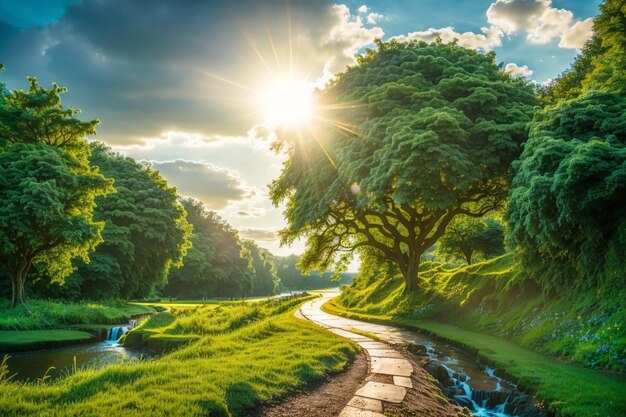 Garden in the woods lush green tree a straight road and running water The sun shining on the front