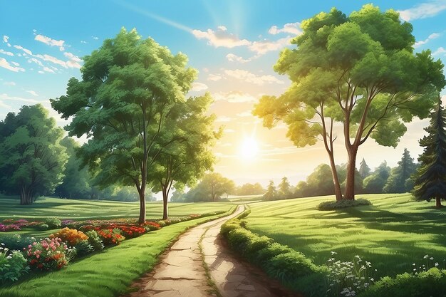 Garden in the woods lush green tree a straight road and running water The sun shining on the front