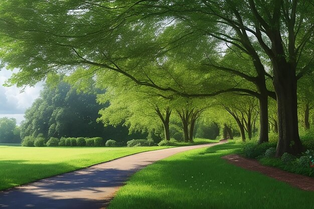 Photo garden in the woods lush green tree a straight road and running water the sun shining on the front