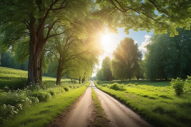 Garden in the woods lush green tree a straight road and running water The sun shining on the front