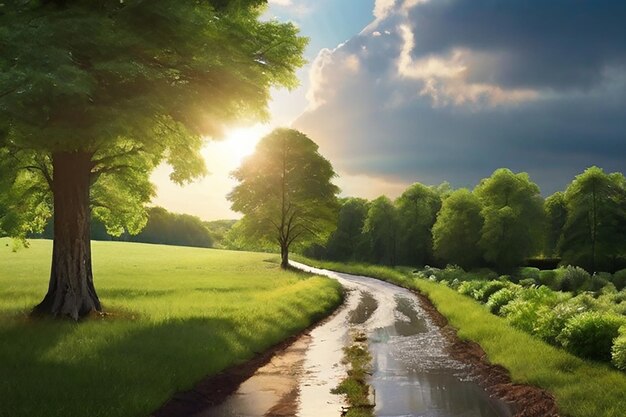 Garden in the woods lush green tree a straight road and running water The sun shining on the front