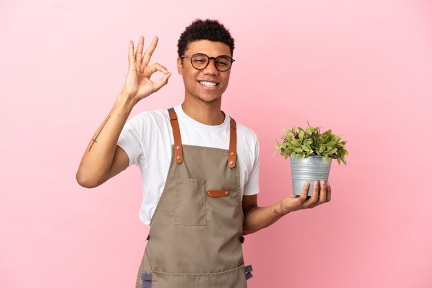 Gardener African man holding a plant isolated on pink background showing ok sign with fingers