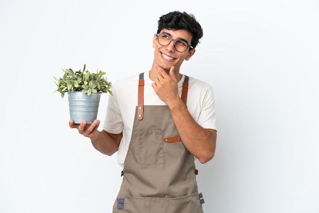 Gardener Argentinian man holding a plant isolated on white background looking up while smiling