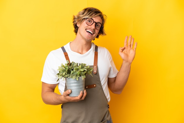 Gardener blonde man holding a plant isolated