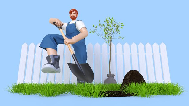 Gardener digs a hole to plant a tree 3d render illustration