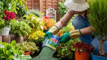 Photo gardener fertilizing plants with npk fertilizer