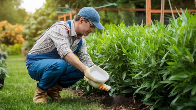 Photo gardener fertilizing plants with npk fertilizer